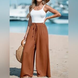 Long Length Elegant Wide Leg Pants - Soft Polyester, Fake Drawstring,